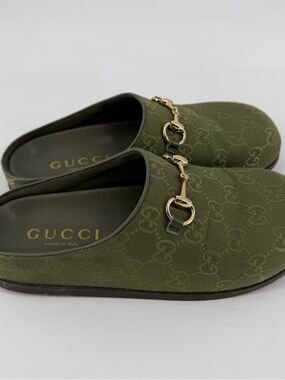 Olive Green Canvas Horsebit Slide Mules